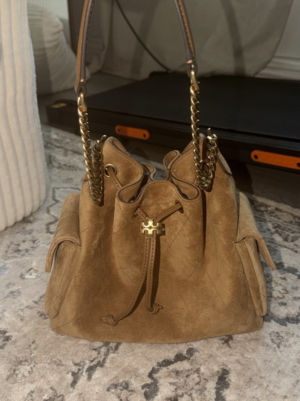 Tory Burch Camel Suede Drawstring Shoulder Bag with Gold Chain
